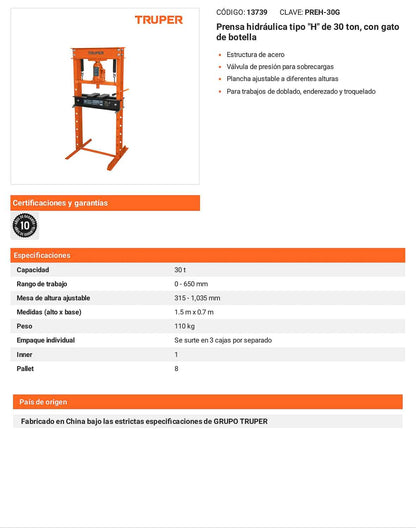 Prensa hidráulica H 30 ton gato