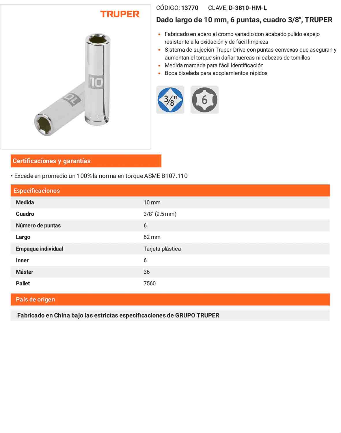 Dado largo 10 mm cuadro 3/8 pulg