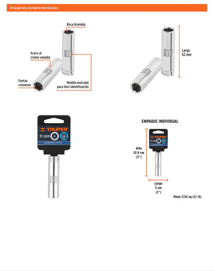 Dado largo 11 mm cuadro 3/8 pulg