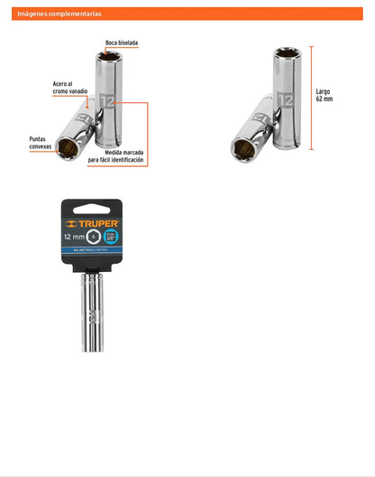 Dado largo 12 mm cuadro 3/8 pulg