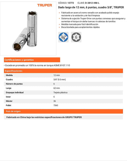 Dado largo 12 mm cuadro 3/8 pulg