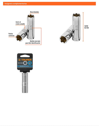 Dado largo 14 mm cuadro 3/8 pulg