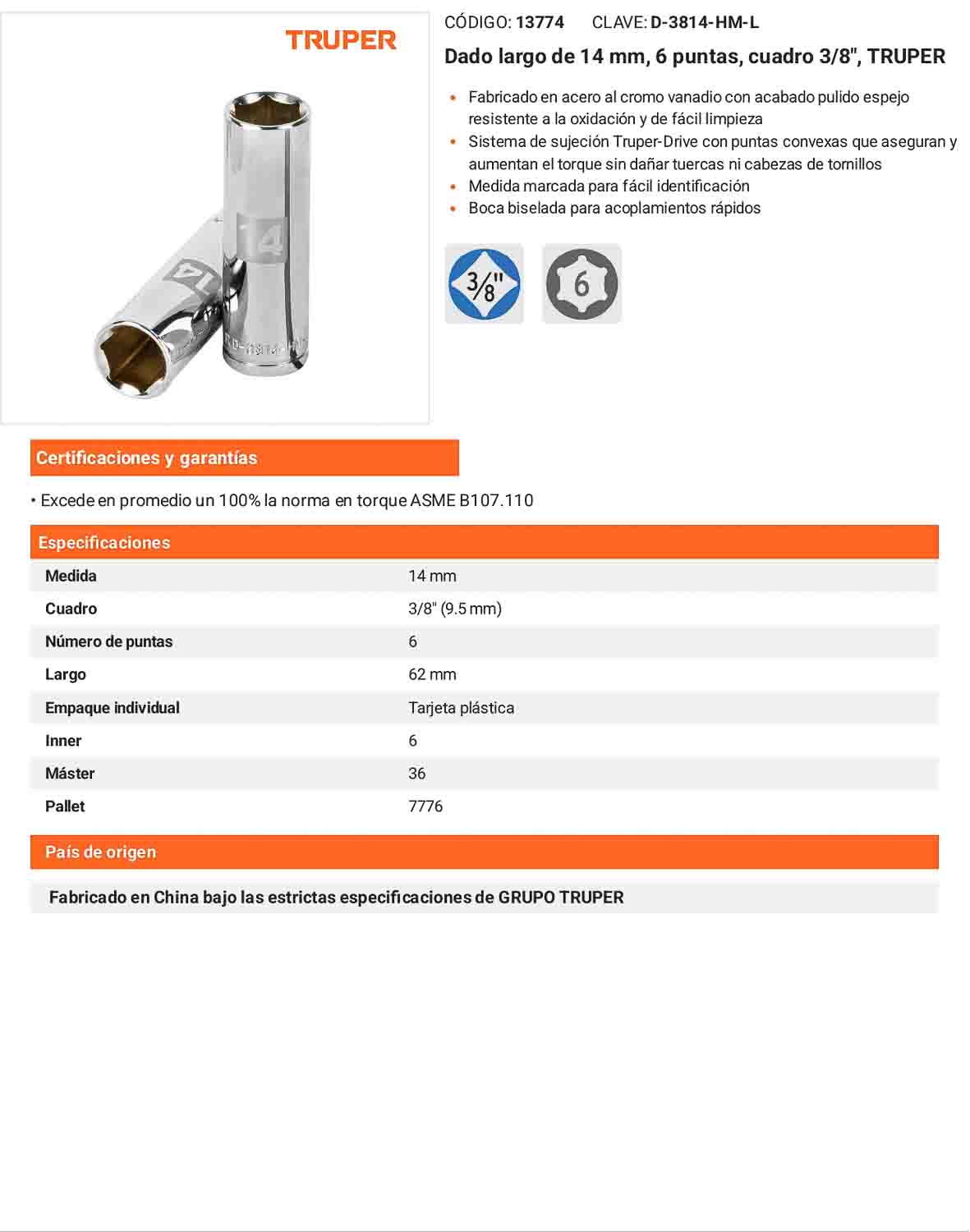 Dado largo 14 mm cuadro 3/8 pulg