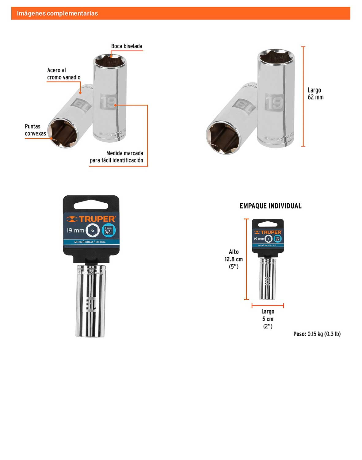 Dado largo 19 mm cuadro 3/8 pulg