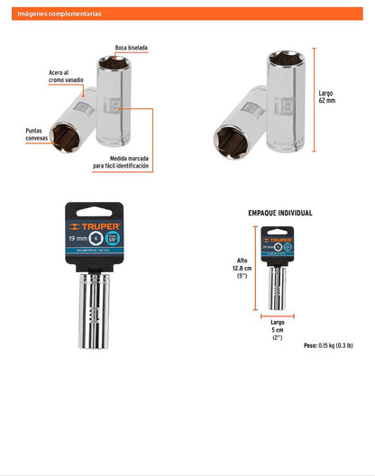 Dado largo 19 mm cuadro 3/8 pulg