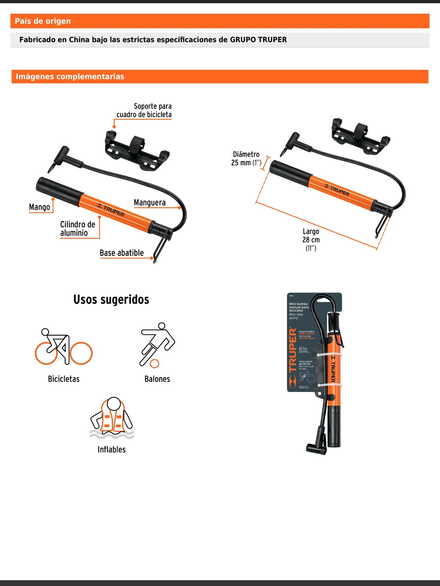 Mini bomba manual para bicicleta de aluminio con base de pedal