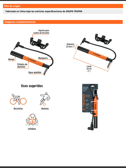 Mini bomba manual para bicicleta de aluminio con base de pedal