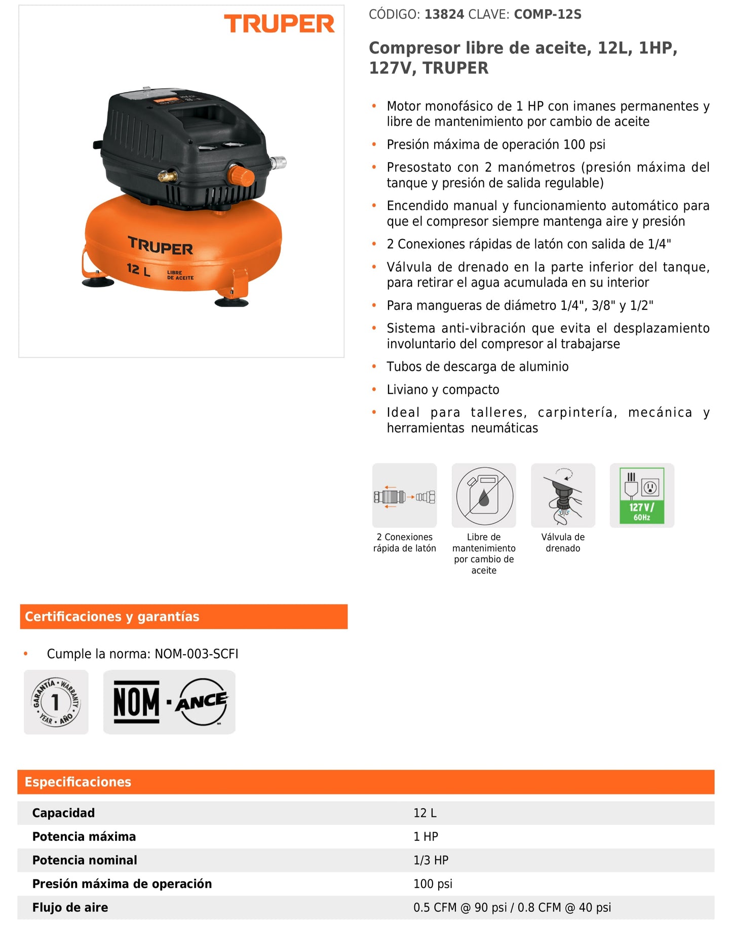 Compresor libre de aceite de 12 L y 1 HP para uso profesional