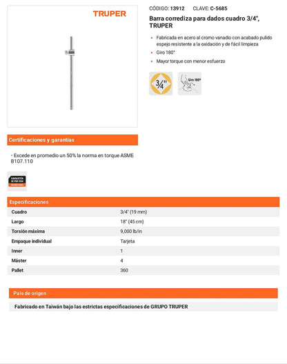 Barra corrediza para dados 3/4 pulg