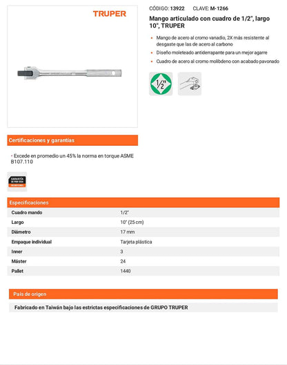 Mango articulado cuadro 1/2pulg largo 10pulg