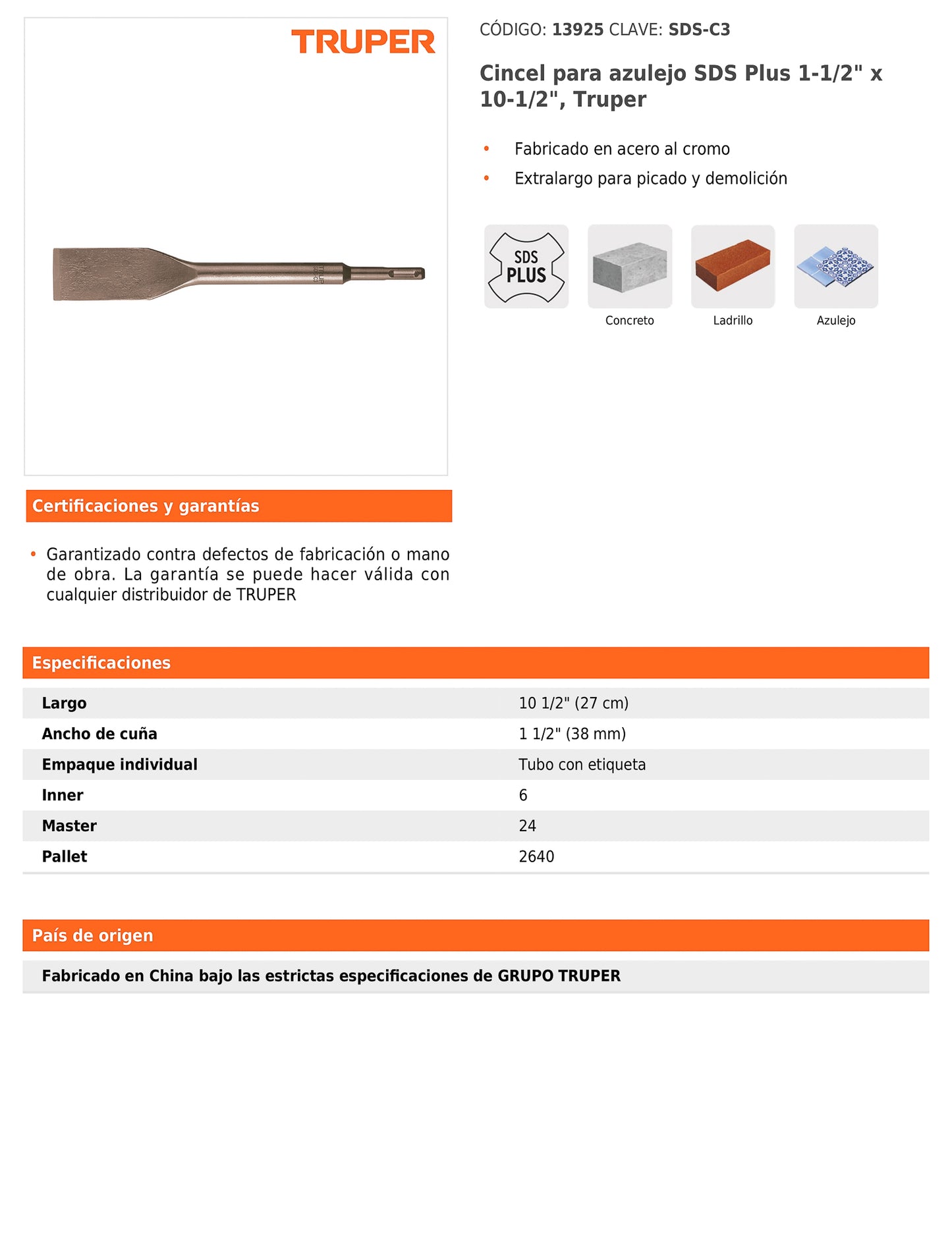 Cincel para azulejo SDS plus de 1-1/2" x 10-1/2"
