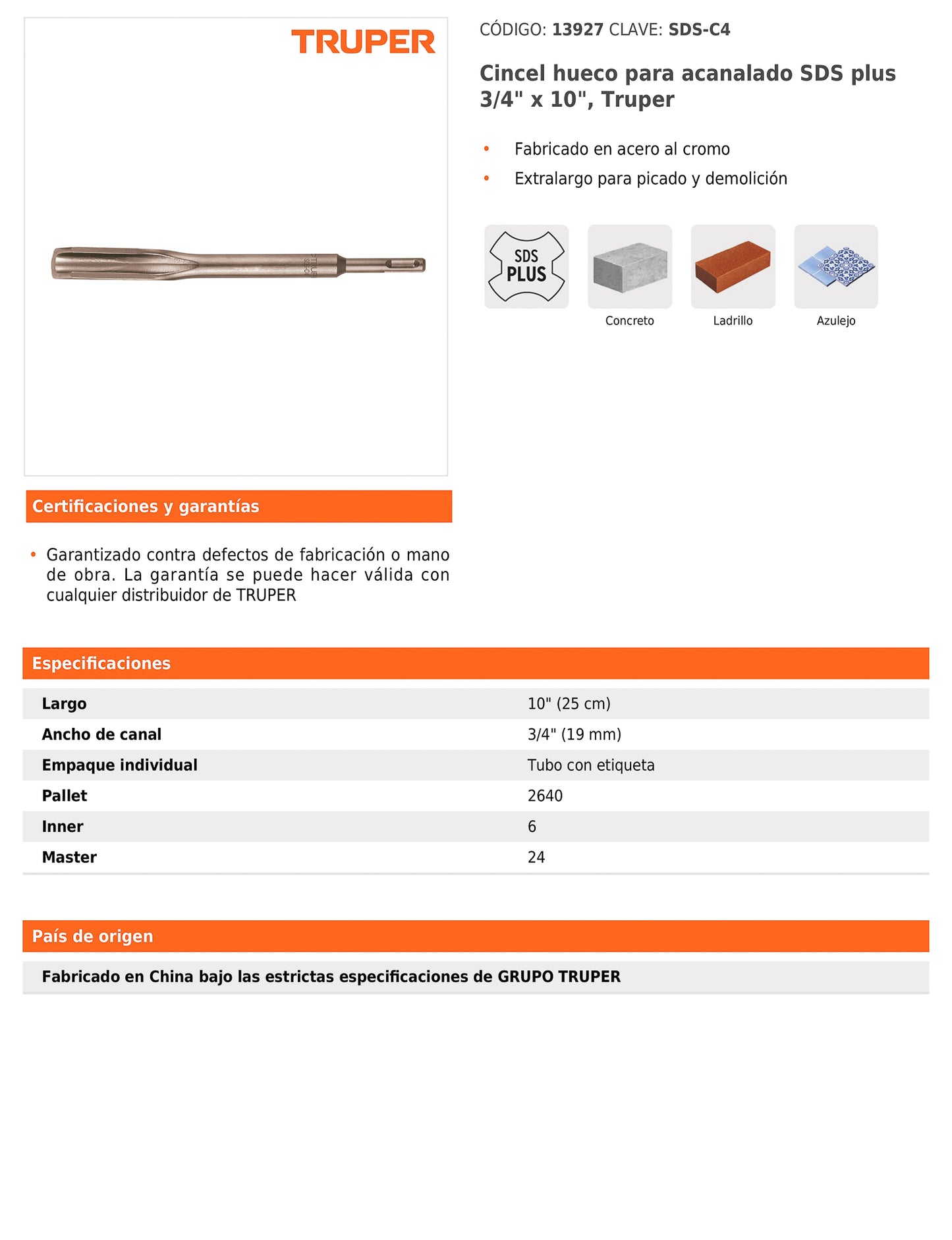 Cincel hueco para acanalado SDS plus de 3/4" x 10"
