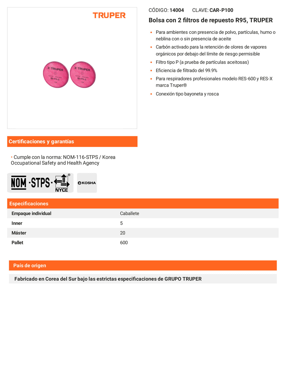 Ficha tecnica - 2 filtros de repuesto R95 - SKU 14004