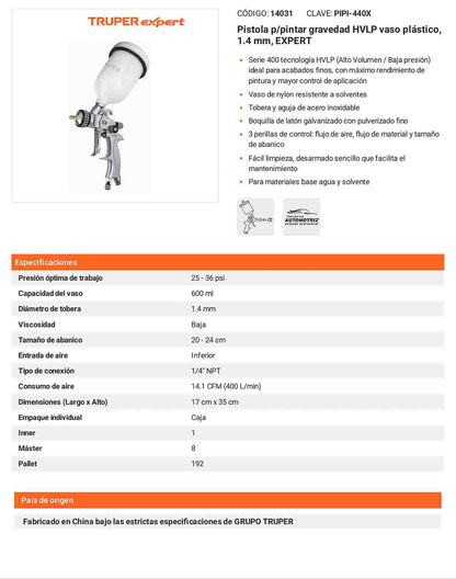 Pistola pintar HVLP 1.4 mm vaso nylon