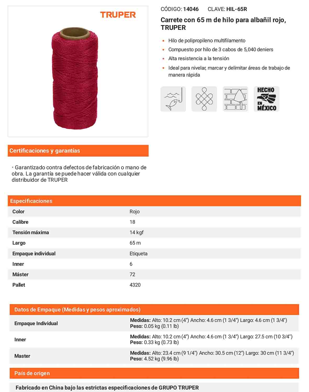 Hilo para albañil rojo 65 m
