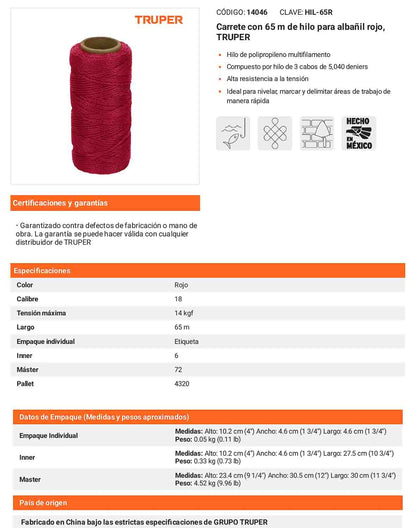 Hilo para albañil rojo 65 m