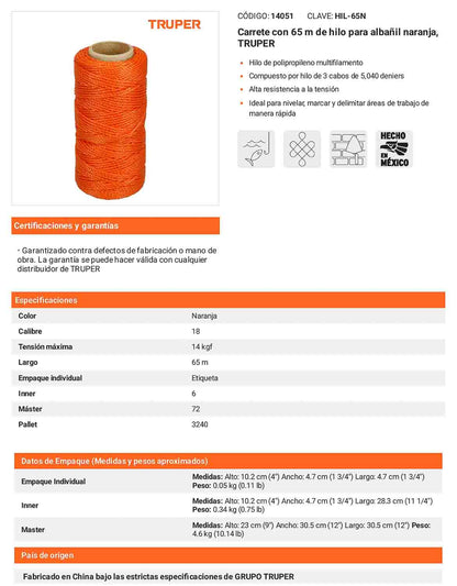 Hilo para albañil naranja 65 m