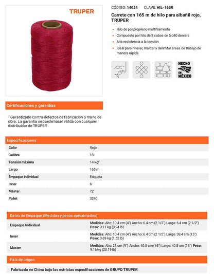 Hilo para albañil rojo 165 m