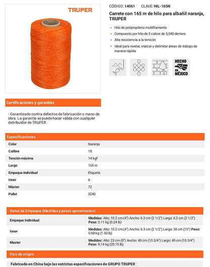 Hilo para albañil naranja 165 m