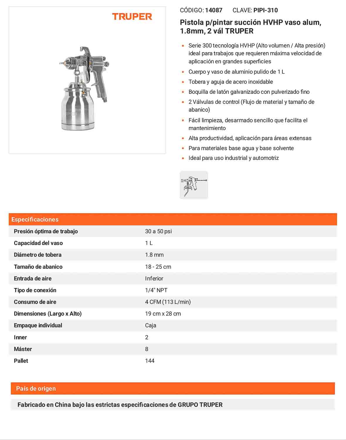 Pistola succión HVHP 1.8 mm vaso aluminio