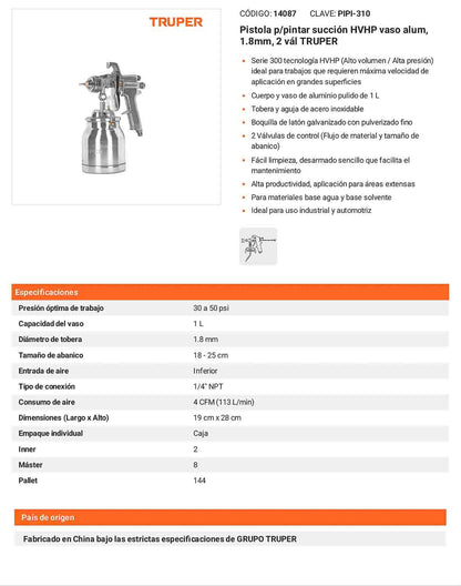 Pistola succión HVHP 1.8 mm vaso aluminio
