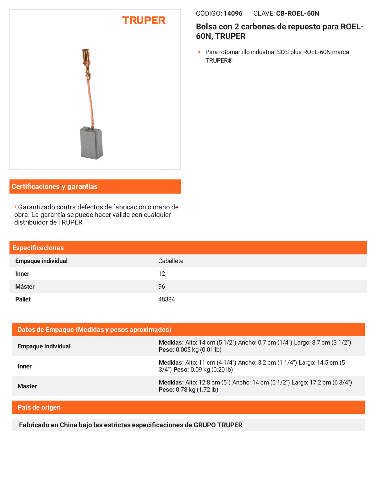 Ficha tecnica - 2 carbones para ROEL-60N - SKU 14096