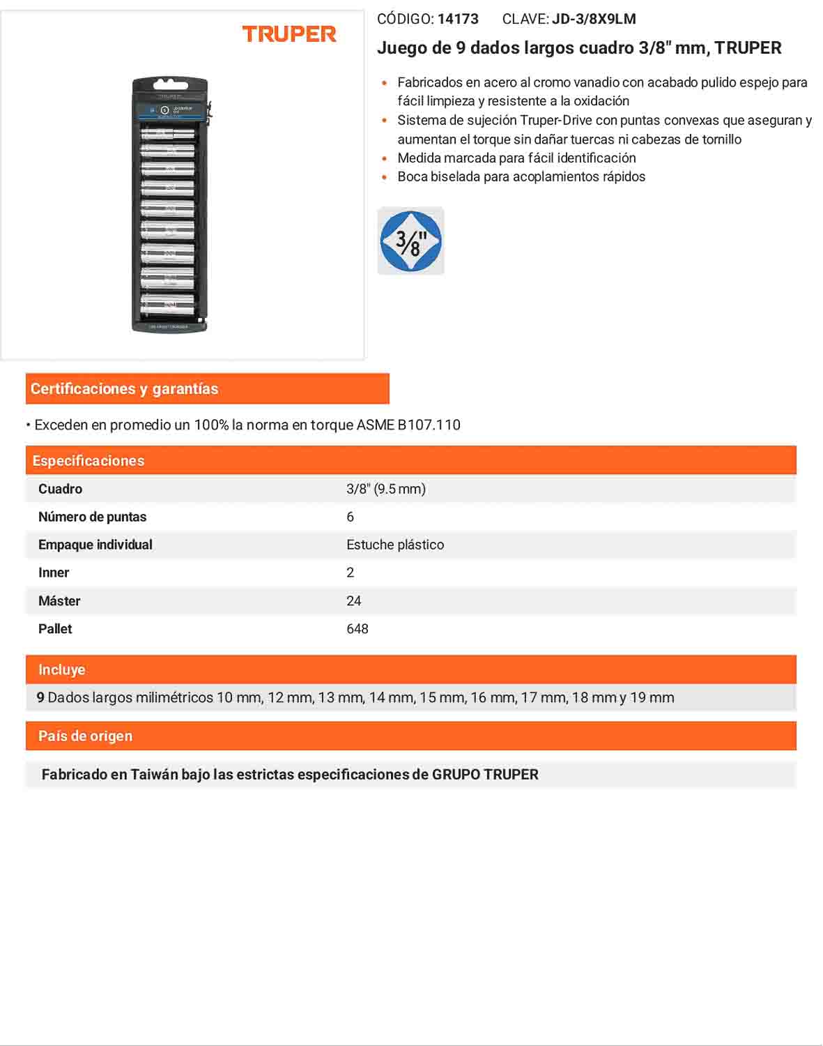 Juego 9 dados largos cuadro 3/8 pulg