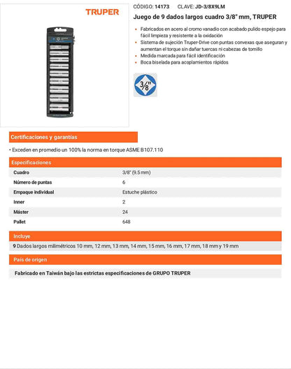 Juego 9 dados largos cuadro 3/8 pulg