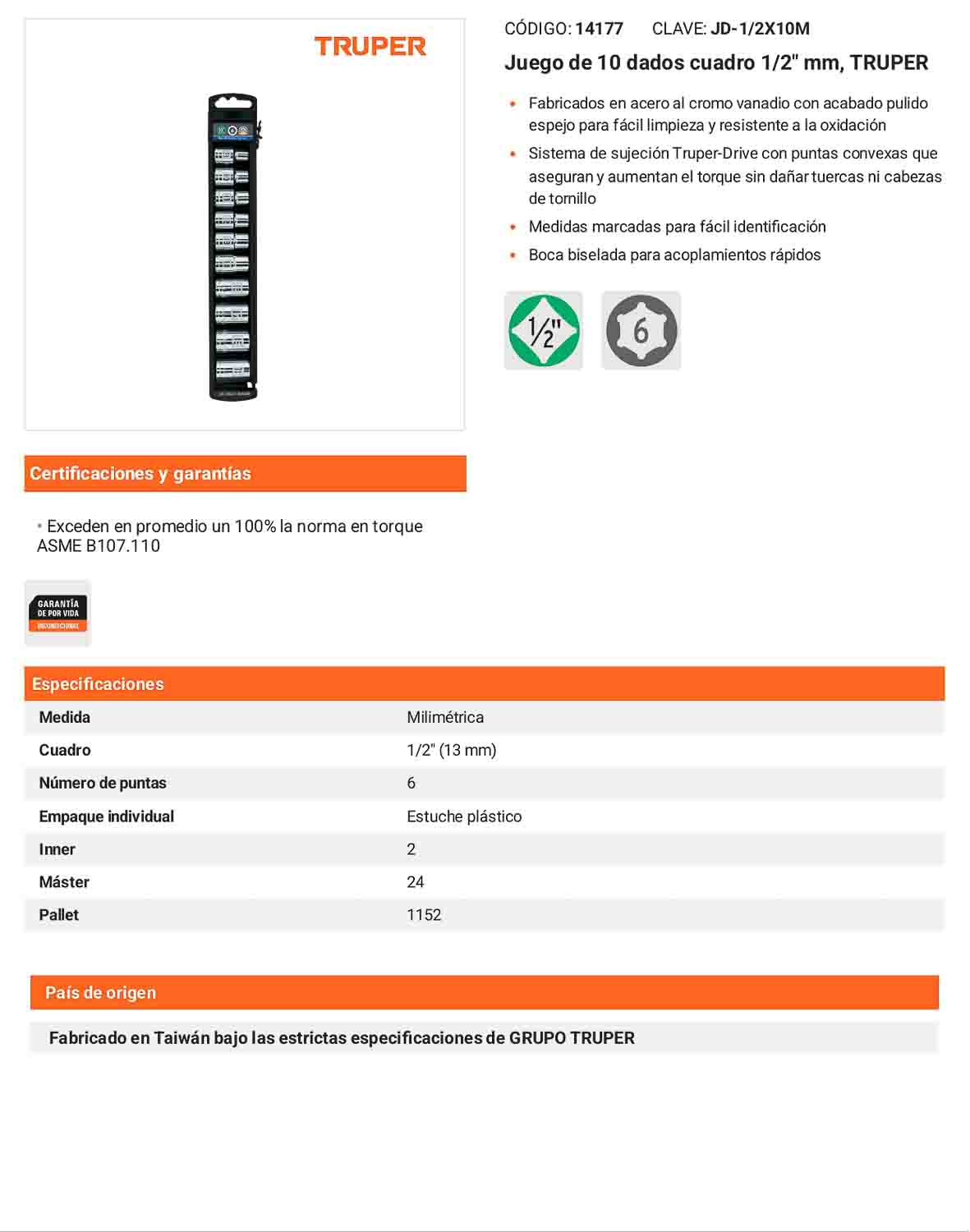 Juego 10 dados milimétricos cuadro 1/2pulg