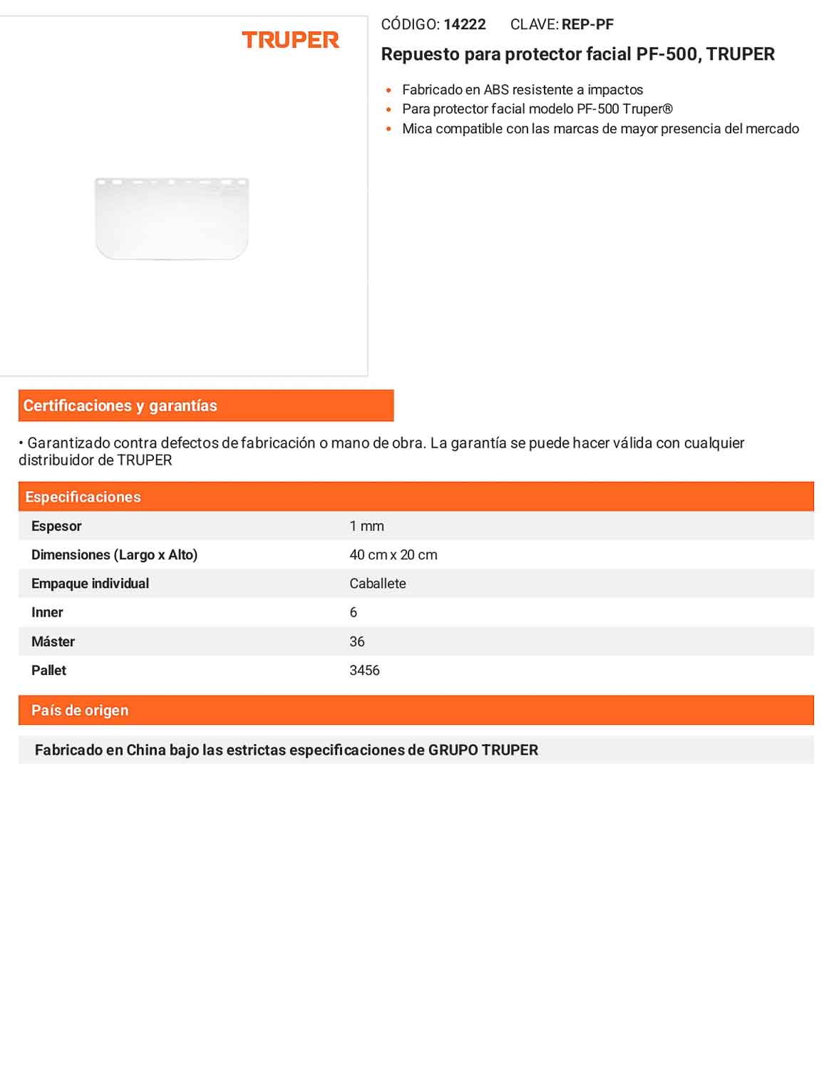 Visor de Repuesto para Careta Facial PF-500
