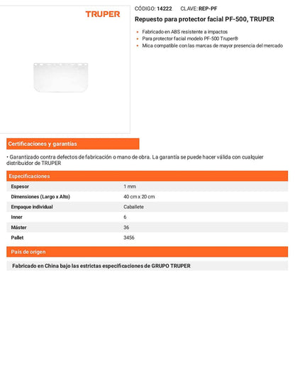 Visor de Repuesto para Careta Facial PF-500