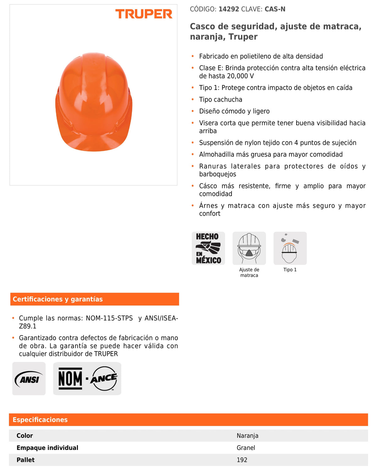 Casco de seguridad anaranjado Truper – vista 3