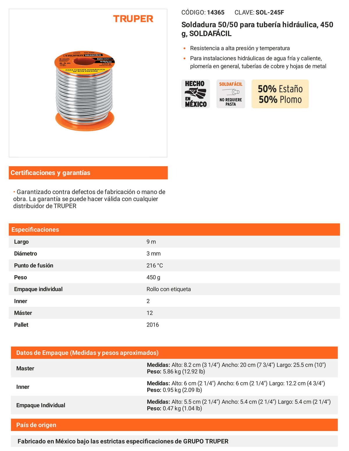 Ficha tecnica - Soldadura 50/50 para tuberia hidraulica 450 g - SKU 14365