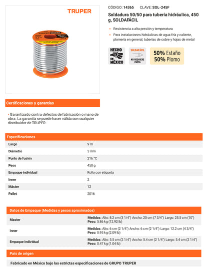 Ficha tecnica - Soldadura 50/50 para tuberia hidraulica 450 g - SKU 14365