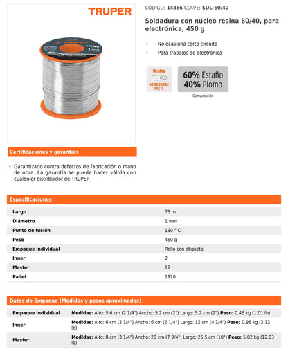 Soldadura con núcleo resina 60/40 para electrónica