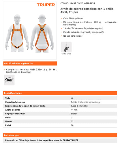 Arnés de cuerpo completo ANSI con 1 anillo