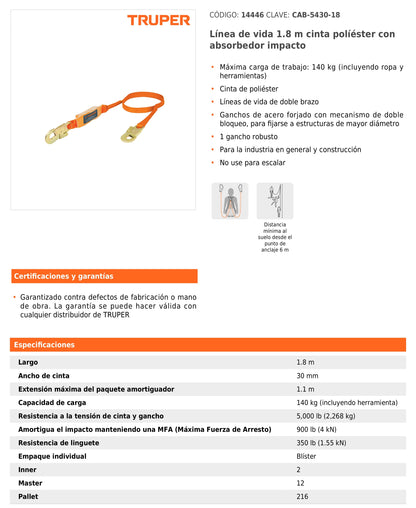 Línea de vida 1.8 m cinta políéster con absorbedor impacto