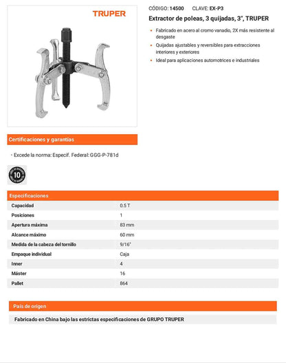Extractor de poleas 3 quijadas 3 pulg