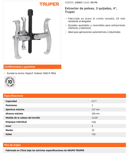 Extractor de poleas de 4 in con 3 quijadas ajustables de acero cromo vanadio