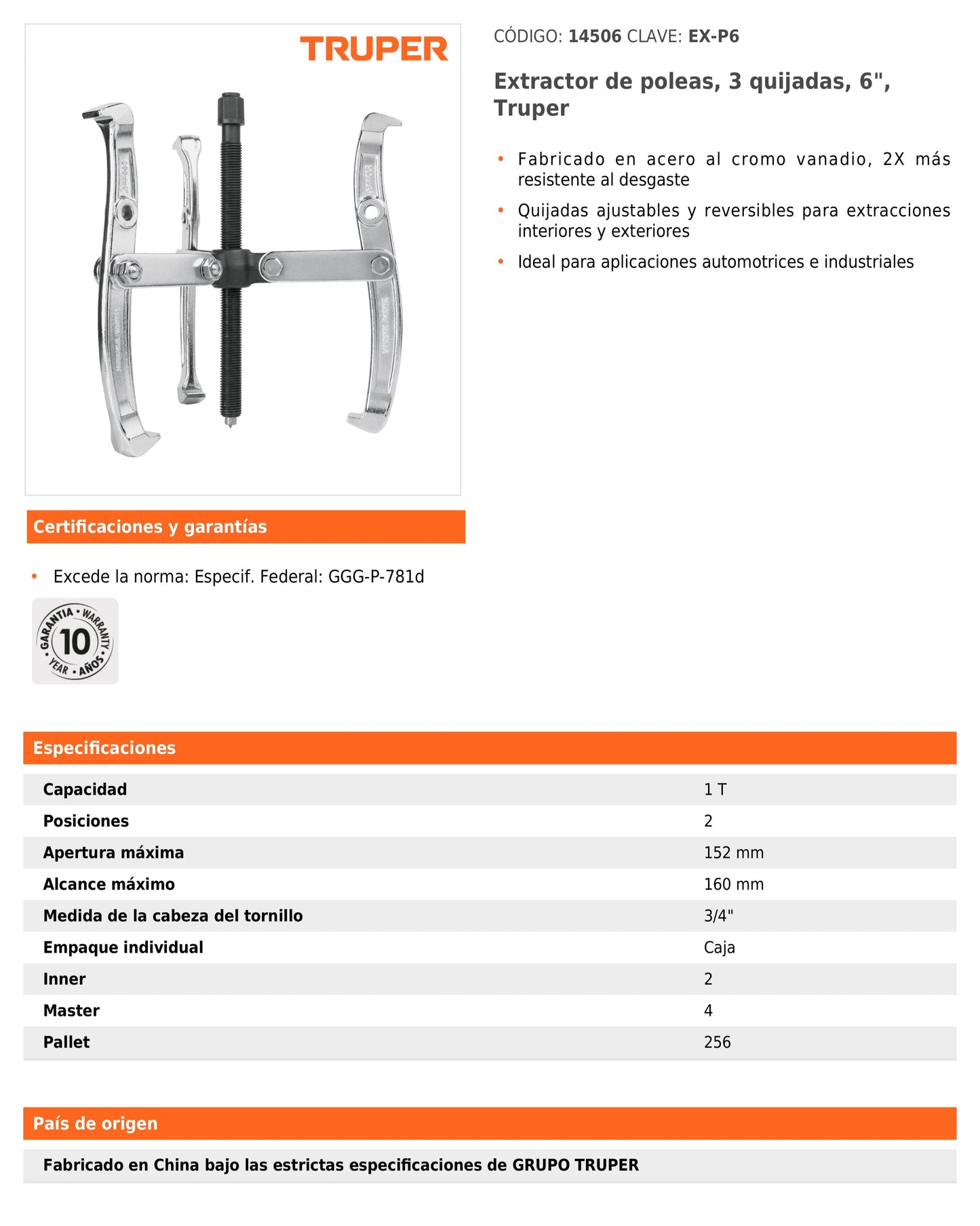 Extractor de poleas de 6 in con 3 quijadas ajustables y reversibles de acero cromo vanadio