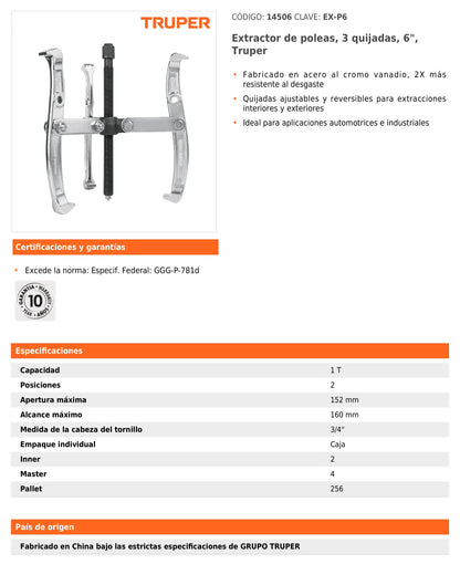 Extractor de poleas de 6 in con 3 quijadas ajustables y reversibles de acero cromo vanadio