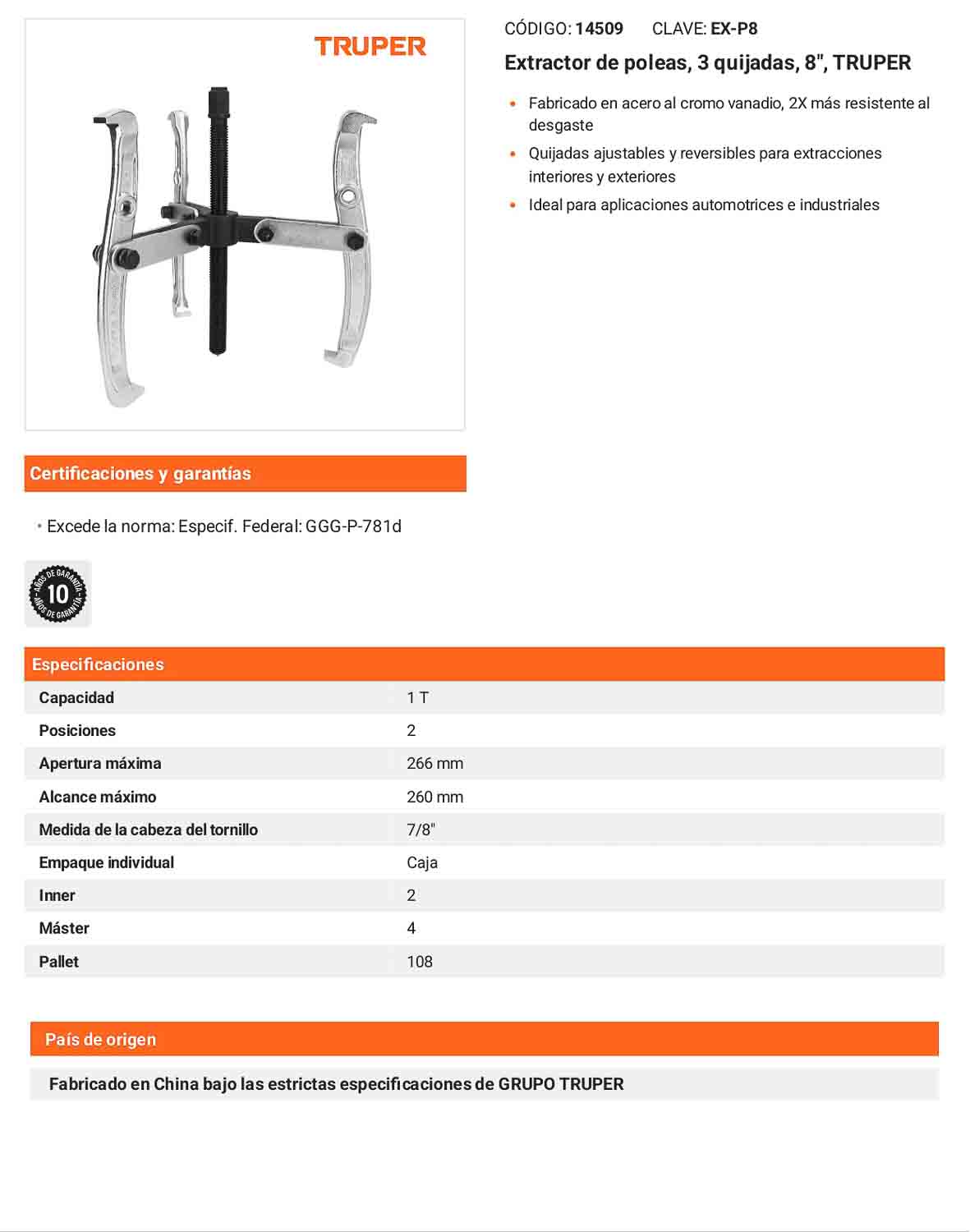 Extractor de poleas 3 quijadas 8 pulg