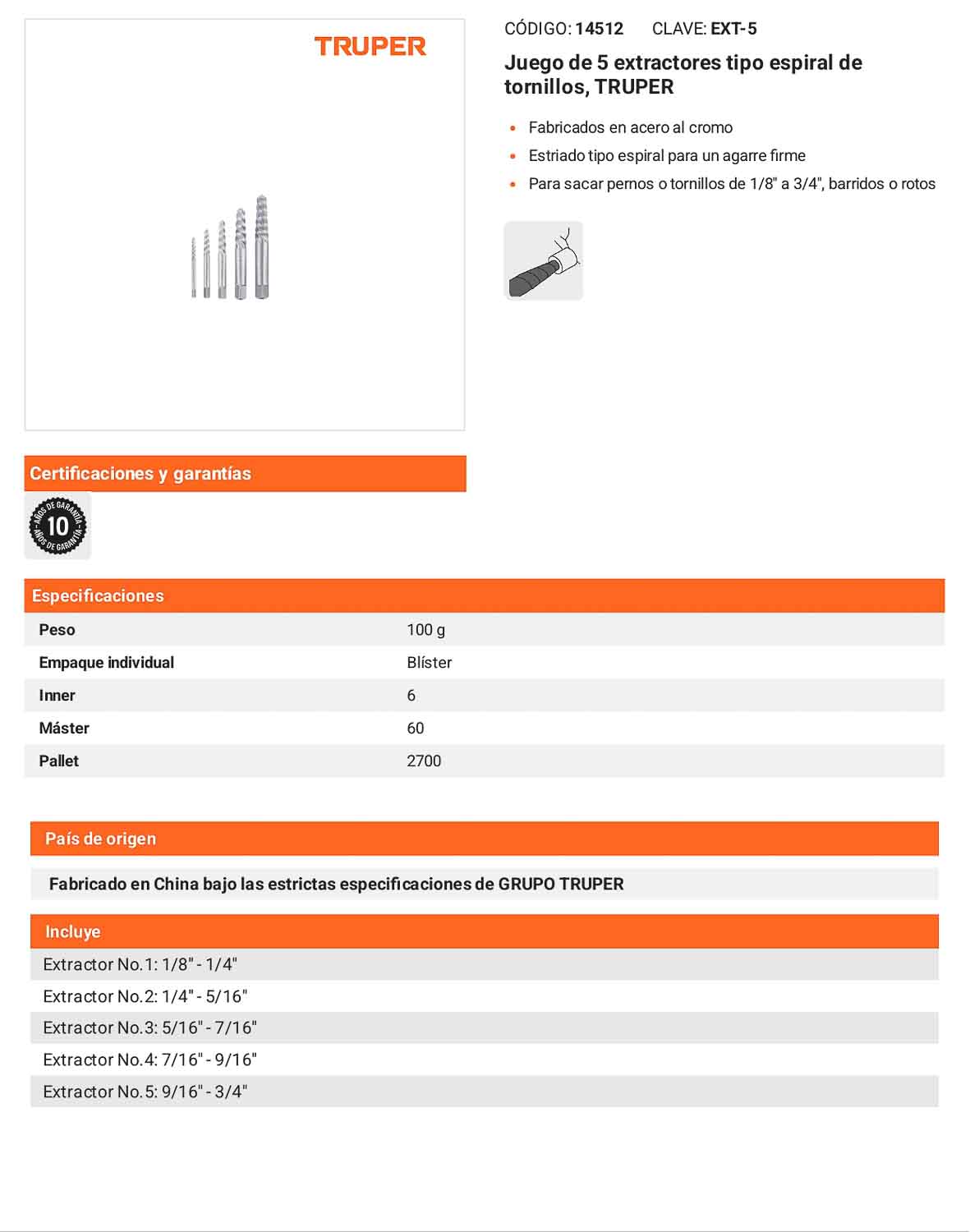 Juego 5 extractores espiral de tornillos
