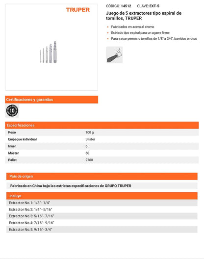 Juego 5 extractores espiral de tornillos