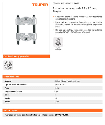 Extractor de baleros de 25 a 62 mm con cuerpo de acero cromo vanadio