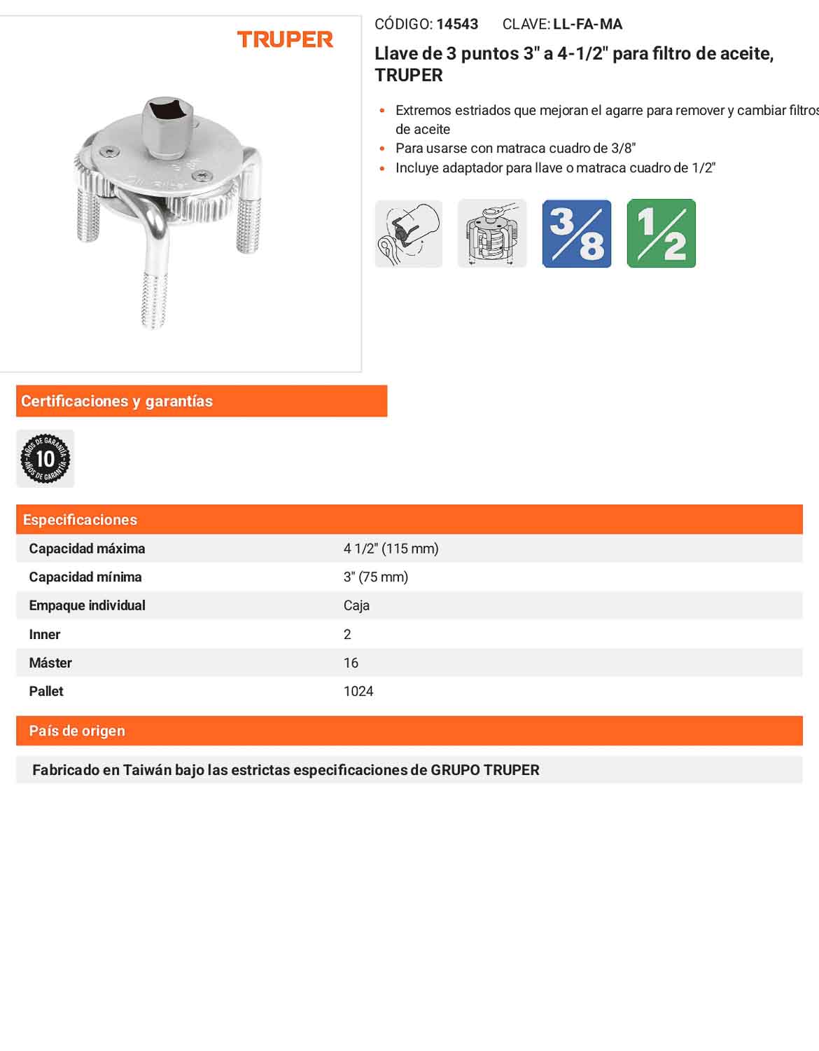 Llave de 3 puntos para filtro de aceite con adaptador