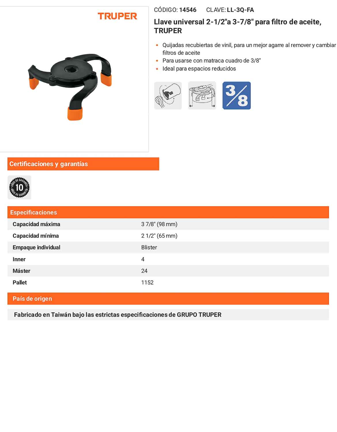 Llave universal para filtro de aceite con cuadro 3/8
