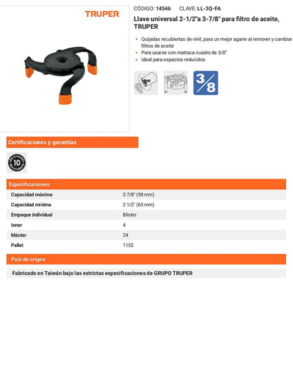 Llave universal para filtro de aceite con cuadro 3/8