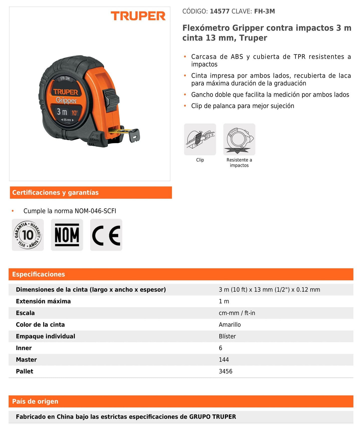 Cinta métrica Gripper contra Impactos 3 m cinta 13 mm