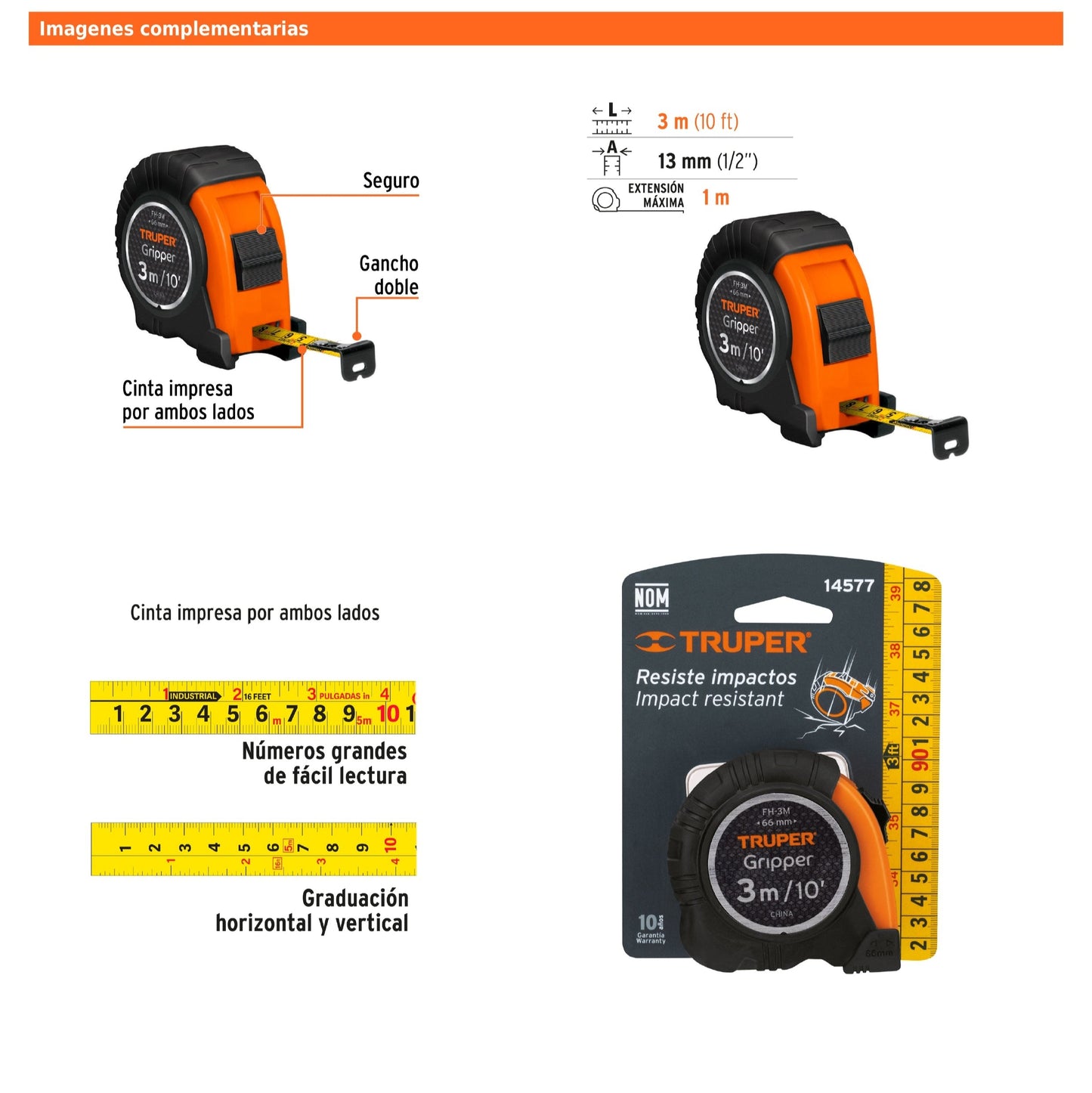 Cinta métrica Gripper contra Impactos 3 m cinta 13 mm